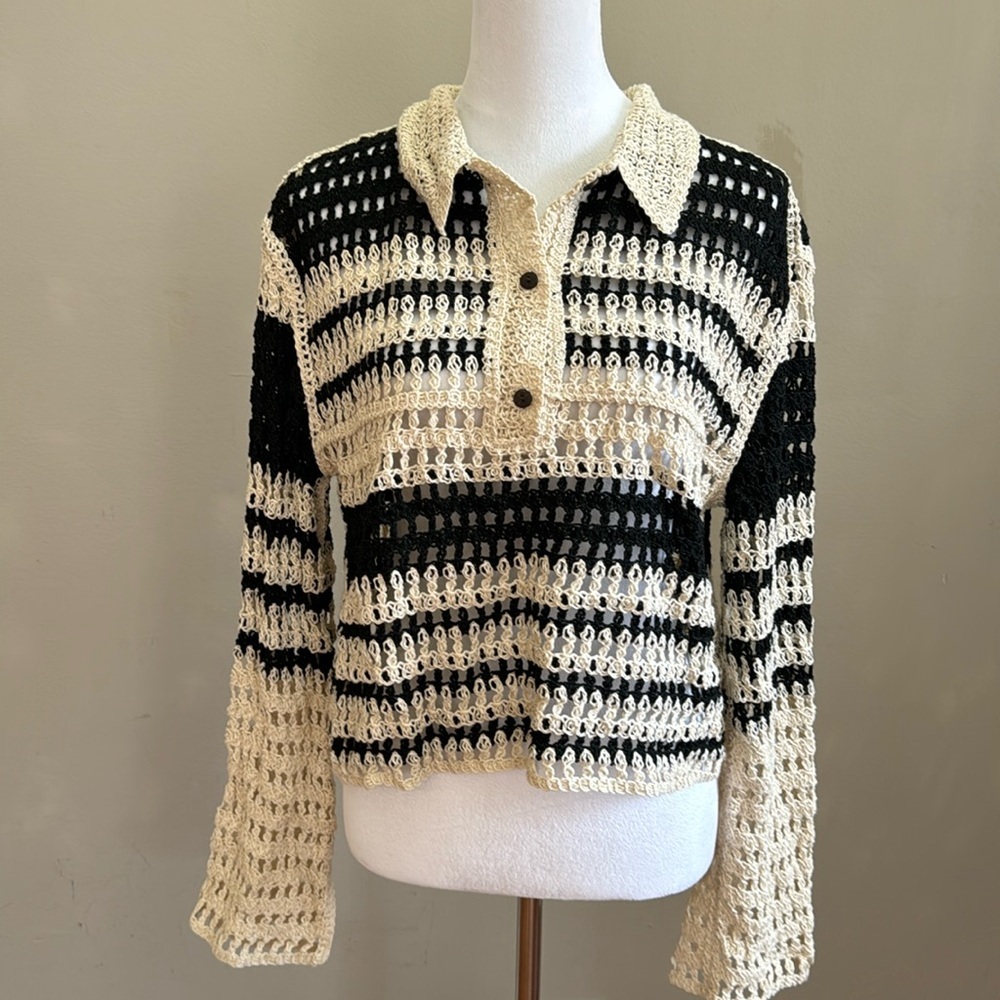 Zara Knit Crochet Long Bell Sleeve Ivory Black Top Boho Blouse Size M - NWT